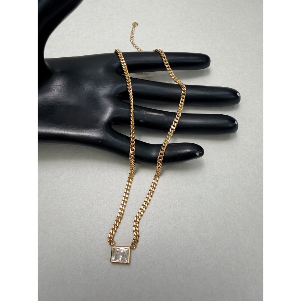 Gold Tone Cuban Chain Necklace Square Clear Zirconia Pendant Statement